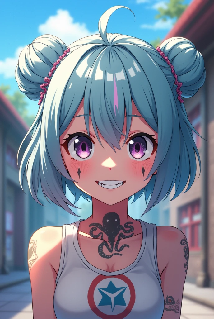 Screenshot of my hero academia.
Girl with mostly light blue hair with some shades of pastel pink, short bangs and two buns, bicolor eyes, some small tattoos on the face and octopus-themed tattoos on the neck and the teeth on the right side of his mouth are silver.