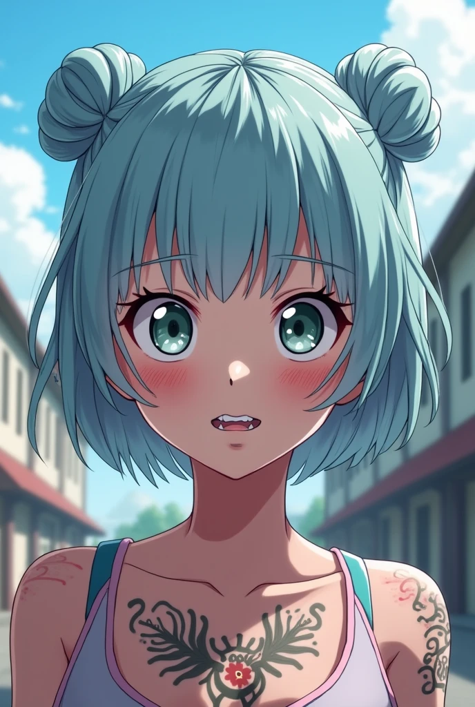 Screenshot of my hero academia.
Girl with mostly light blue hair with some shades of pastel pink, short bangs and two buns, bicolor eyes, some small tattoos on the face and octopus-themed tattoos on the neck and the teeth on the right side of his mouth are silver.