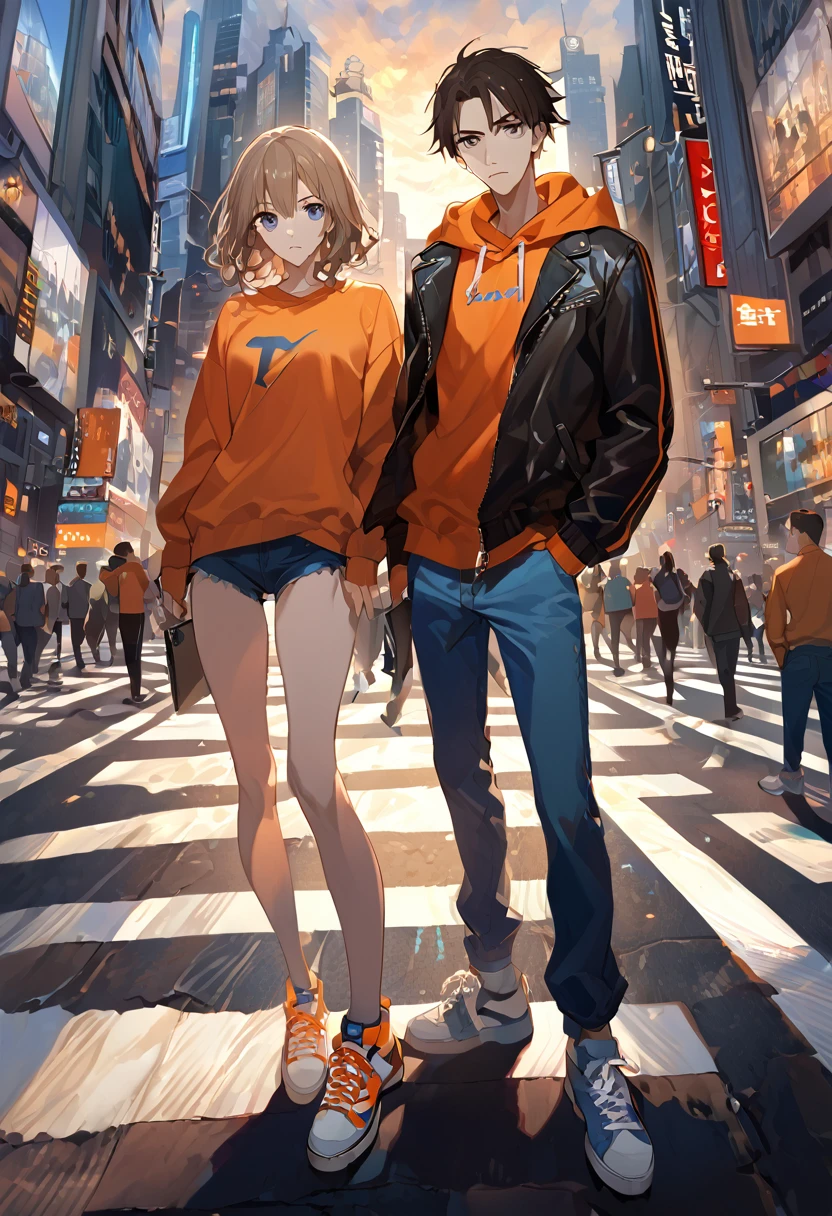 ((top quality, ultra detailed, High resolution, Extremely detailed CG, unity wallpaper 8k, by famous artist, perfect ???????, super detailed skin, cinematic lighting, HD, retina, anatomically correct, 1080P, Size, wallpapers, anime-light novel style.))  Only 2 characters in the picture, a young boy and a young girl, 18 years, (A girl, long light brown hair with light blue eyes., Clean and tidy clothes, He is wearing a black leather jacket, female top, blue jogger, well formed body, toned body), (A young man, White skin, black messy hair, very dark hair, bright gray eyes, SERIOUS LOOK, expressionless face,. Clean and tidy clothes, He is wearing an orange sweatshirt, blue jeans, y sneakers, athletic body) They pose side by side, separdos, in the middle of shibuya crossing, Inspired by artist Shunsaku Tomose: ask, Art Style : ask