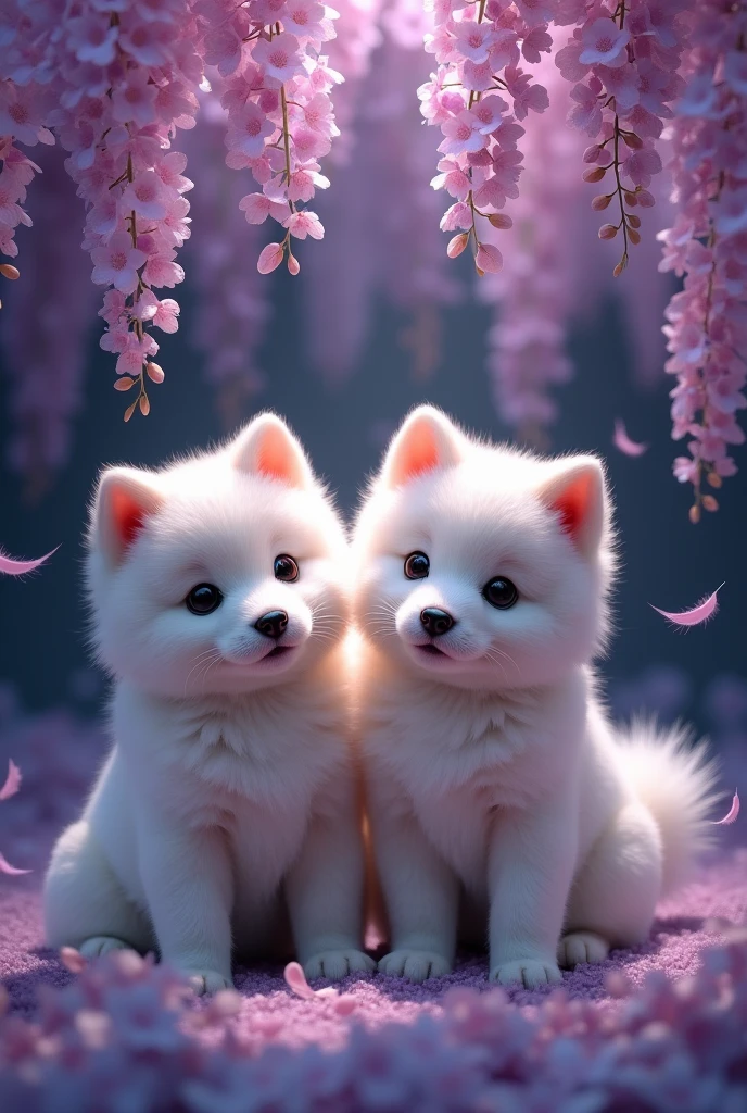 A captivating and surreal photographgraph of a cute extra fluffy two baby 土佐犬 rendering of 藤の花, Dark Background. feather, Bright colors, The background provides sharp contrast、Engage your audience'Note., photograph, 3D Rendering, Conceptual Art