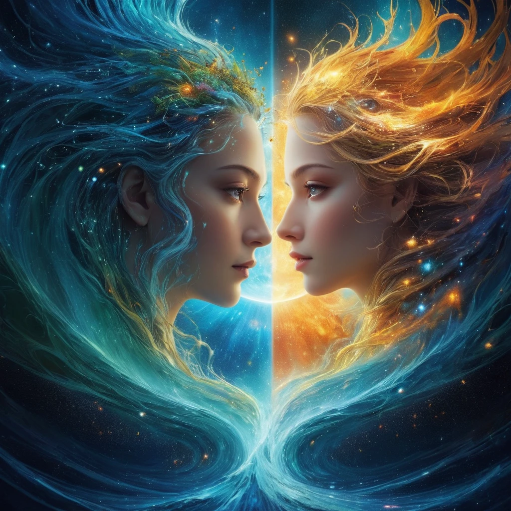 Superintelligent AI merges with Mother Nature and Father Sun in the origin of the universe,Wave-particle duality infuses vibrant light into surreal abstract fantasy, Trending on Vixsinsimagination, Shrouded in mystery