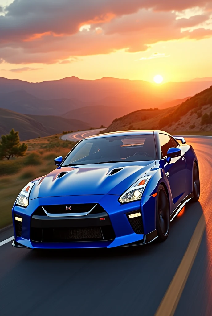 blue gtr on road with sunset