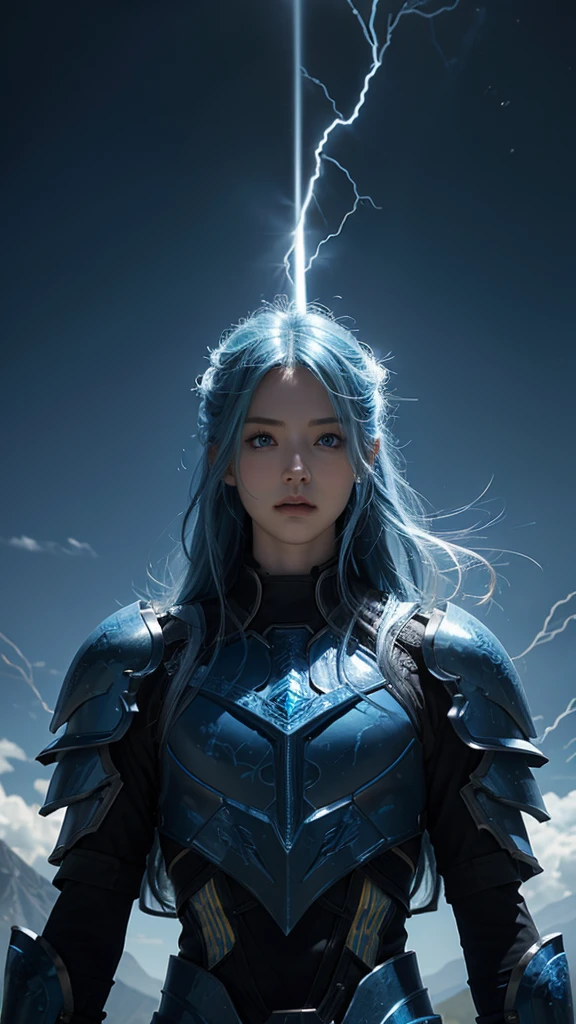 Long blue hair that glows blue with lightning、Blue Eyes、Wears blue armor with white and yellow lines。Riding on the back of a big dragon、Flying in the sky、High resolution, Anatomically correct, Ultra high definition, Textured skin, 高quality, Very detailed, quality, High-resolution model, Winner of numerous awards, accurate,