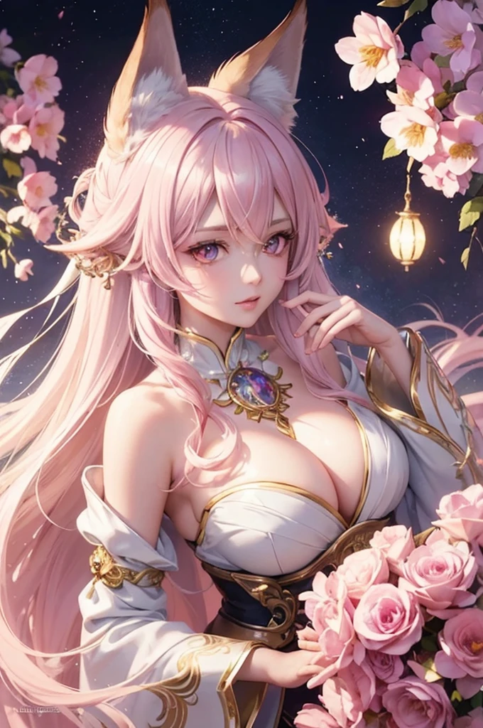 Kyoto Animation stylized anime ~ A Gorgeous flowing white hair, fox ears, stylish, pink eyes, fiery flowers background, beautiful, goddess, fantasy world. Cinematic Lighting, ethereal light, intricate details, extremely detailed, incredible details, full colored, complex details, insanely detailed and intricate, hypermaximalist, extremely detailed with rich colors. masterpiece, best quality, aerial view, HDR, UHD, unreal engine. plump looking at the camera, smooth thighs, (glittery jewelry) ((acrylic illustration, by artgerm, by kawacy, by John Singer Sargenti) dark Fantasy background, glittery jewelry, Representative, fair skin, beautiful face, Rich in details High quality, gorgeous, glamorous, 8k, super detail, gorgeous light and shadow, detailed decoration, detailed lines