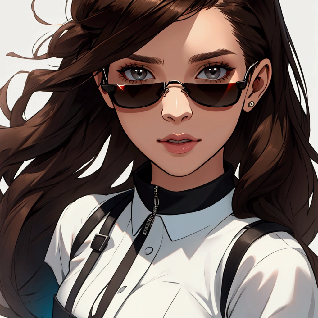Young woman with dark brown hair, to wear black sunglasses