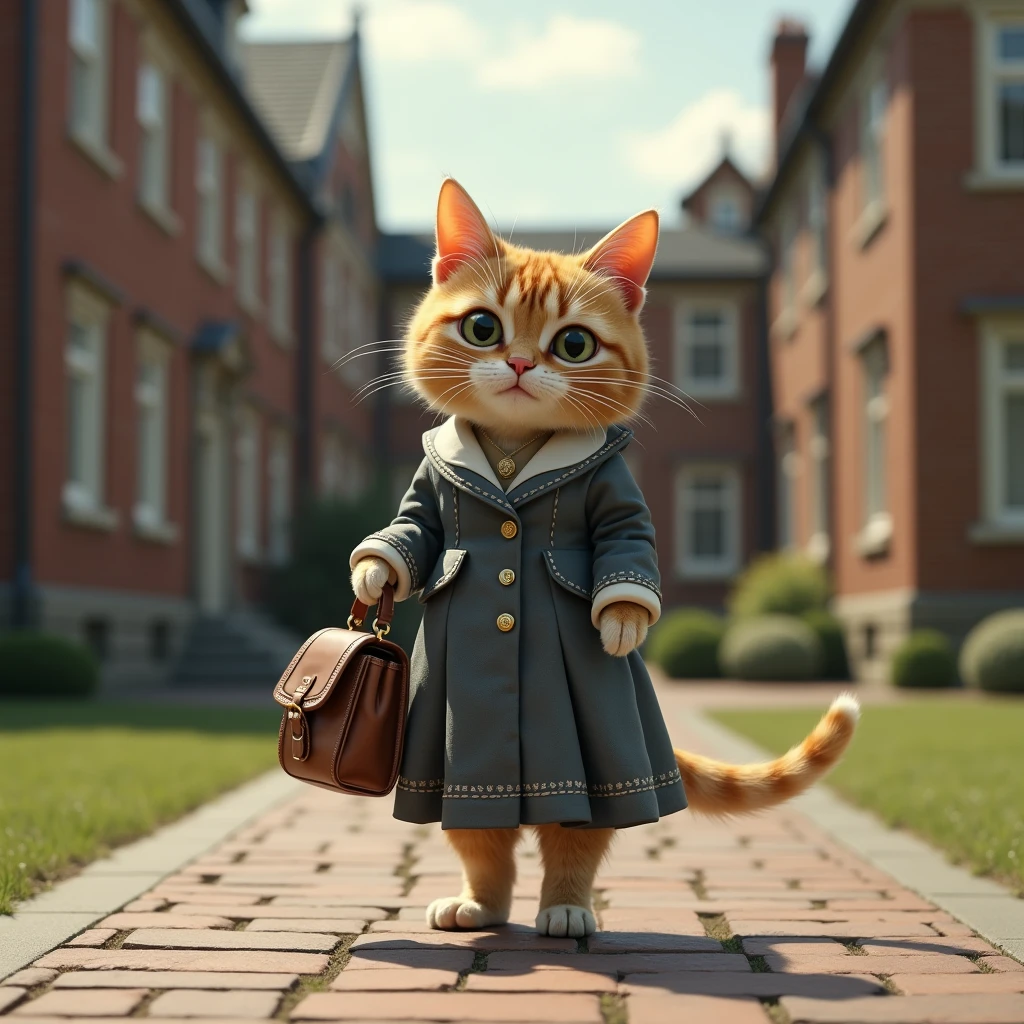 Against the background of the school、Realistic image of a cat wearing a dress and carrying a bag