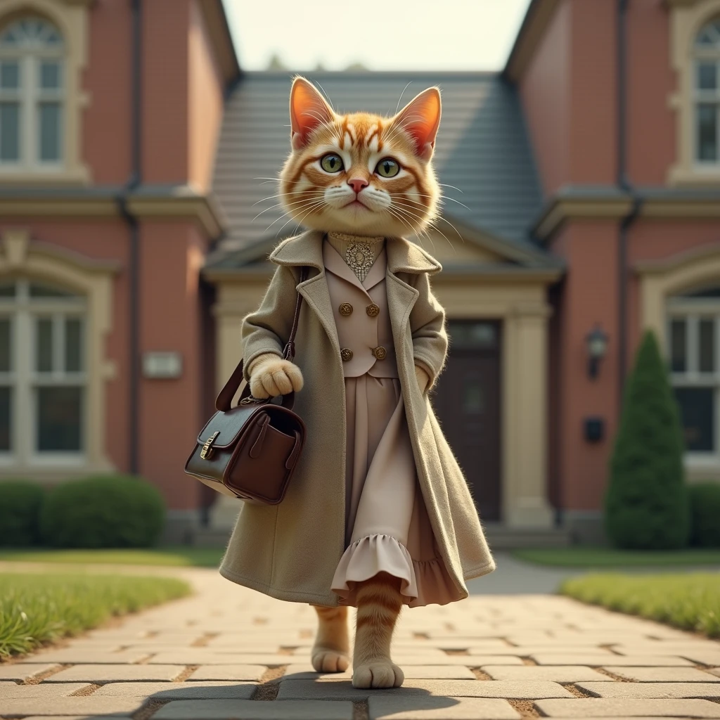 Against the background of the school、Realistic image of a cat wearing a dress and carrying a bag