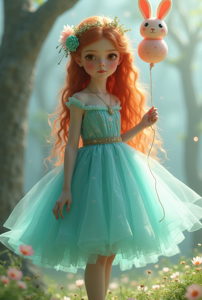 Young girl in princess dress, with turquoise crinoline.
Redhead Features, Red eyes, Porcelain skin, Long hair, fine rostrum.
Holding a bunny balloon