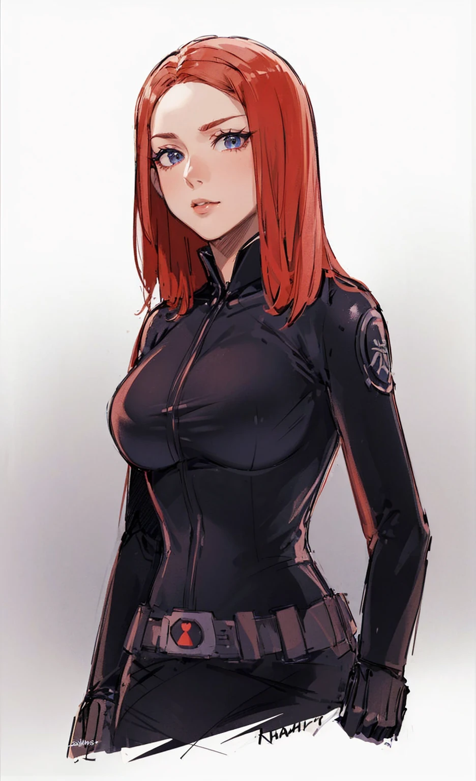 The image depicts Black Widow. She is illustrated with long, bright red hair and blue eyes, and is clad in a sleek skin-tight shiny black latex bodysuit with a silver zipper running down the front. The suit is complemented by her shiny iron wrist guard on both wrists and a metal belt with a buckle that features a red hourglass mark. Her gaze is intent and directed off-screen, implying alertness and focus on an unseen threat or target. She appears with a cute smile on her face. The atmosphere of the image conveys confidence and resilience, characteristics synonymous with the Black Widow persona. The background of the image is an off-white color, which creates a subdued and timeless ambiance.