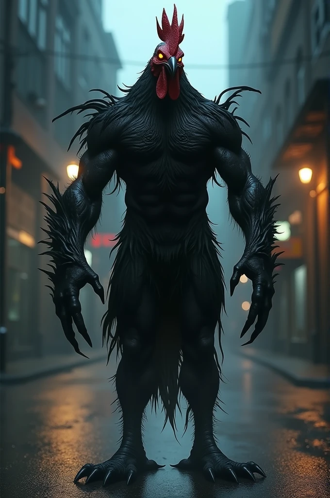 strong and vengeful rooster on a black human body looking evil in a city at night with little light.
