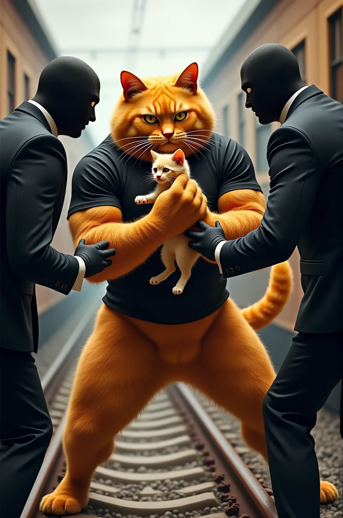 A muscular orange cat with human body in black t shirt with kitty in his hand in the train fighting with two train thieves in black suit and white shirt