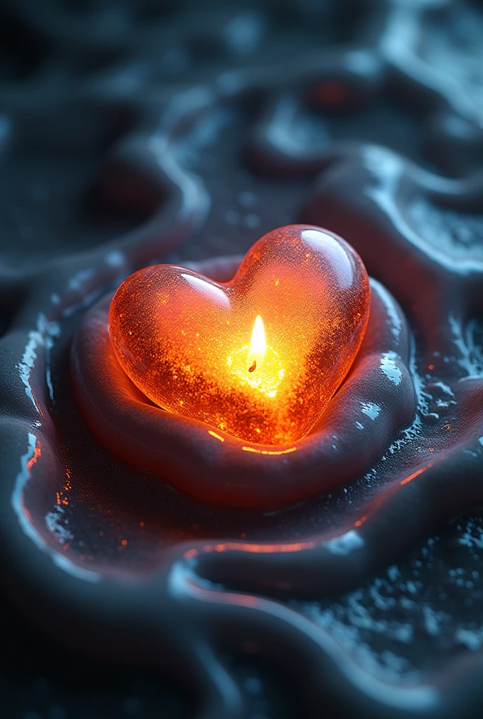 Stone with a heart-shaped lock covered in melted candle, inside the heart, a glow as if the stone were hot