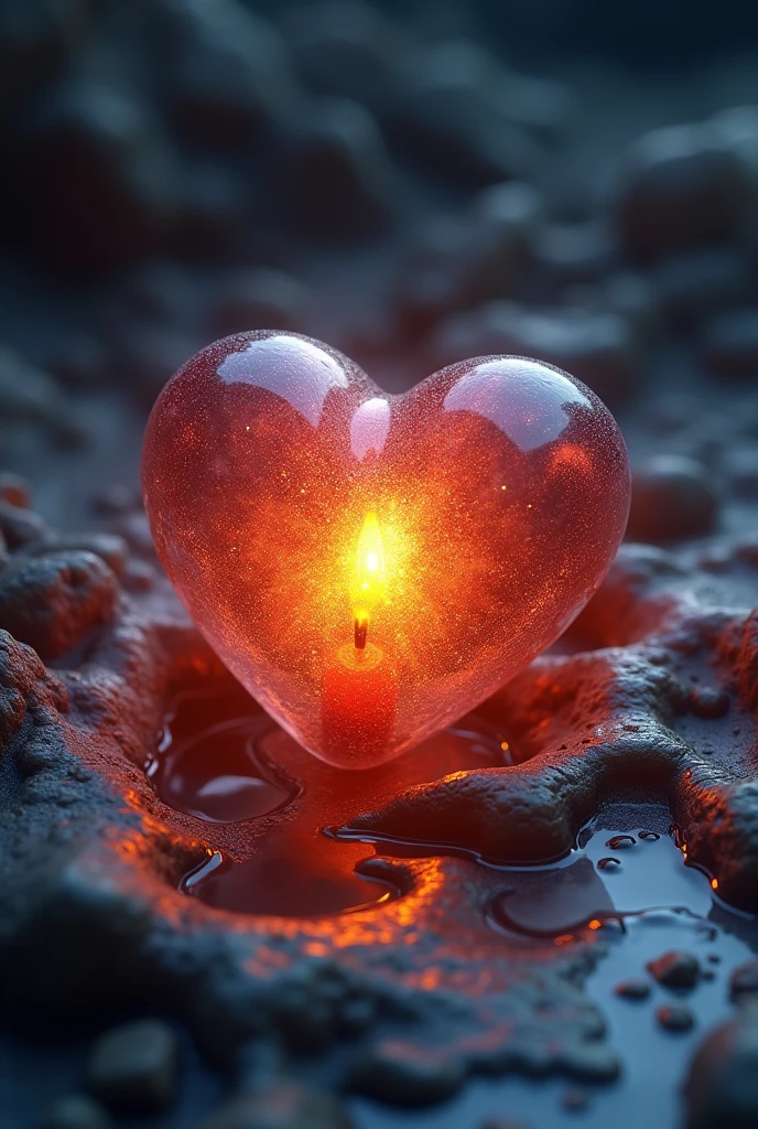 Stone with a heart-shaped lock covered in melted candle, inside the heart, a glow as if the stone were hot