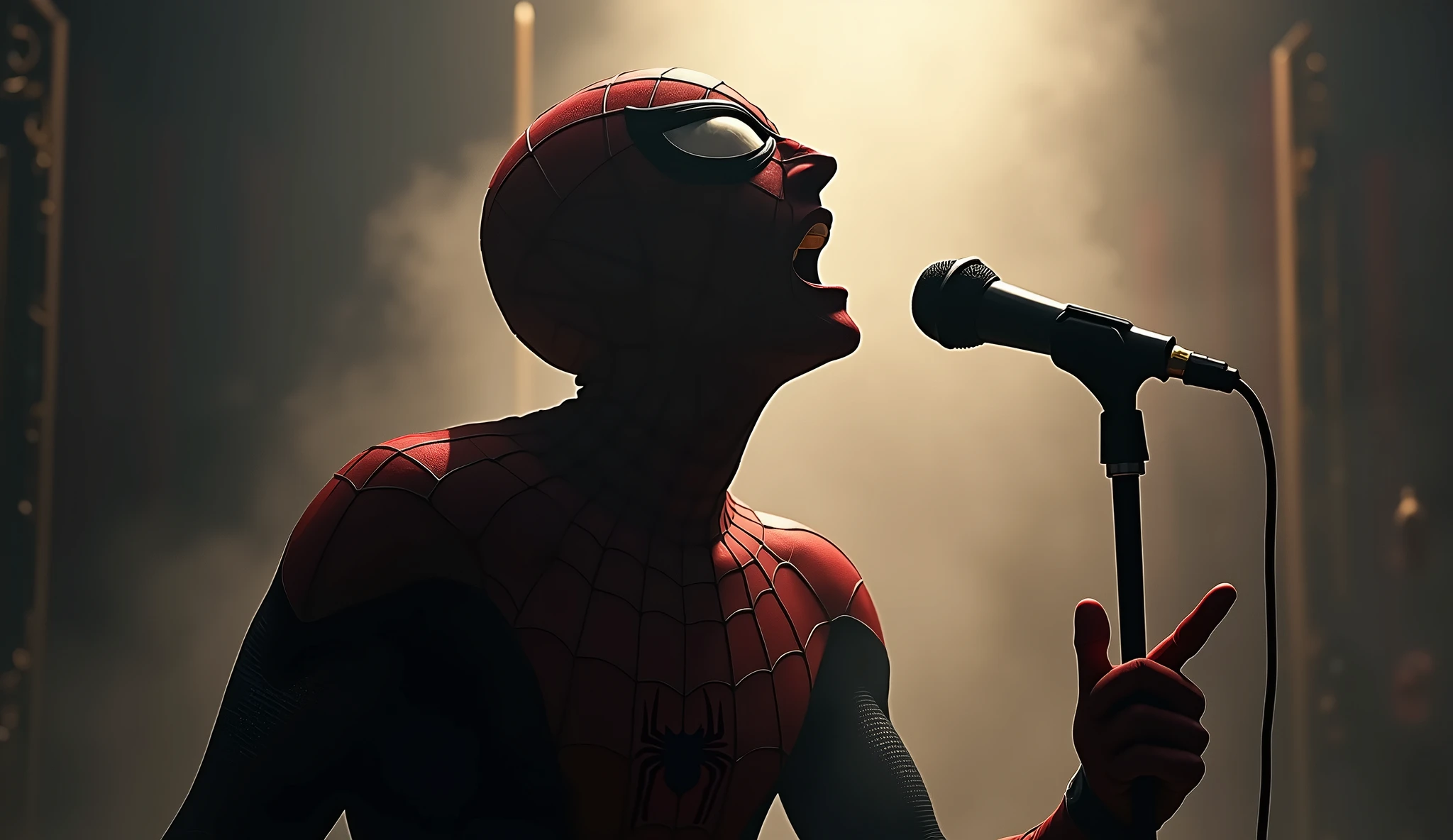 spiderman singing into microphone, his body facing forward, his head tilted to the left, his hands holding microphone stand. [Digital Painting, Silhouette], [Inspired by Alphonse Mucha's work], soft lighting, focus on object, detailed texture, smooth transition, mysterious and attractive impression]