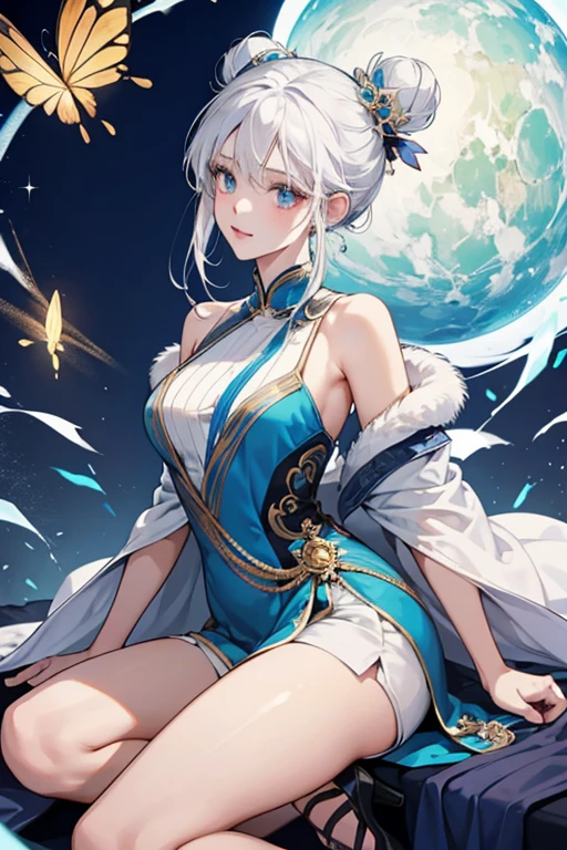 Half of Ningguang's white hair is tied up into a wide bun that resembles a fan. The rest falls into two divided parts. Her bun is accessorized with a dark blue hairpin, and she wears a dark blue tassel decoration atop her head which lays between her eyes.
Ningguang wears a gold-patterned dark blue dress one slit at the back and two slits at the front show her legs and her white shorts. Her Vision rests at the top of the slit that shows her left leg. The dress is thigh-length at her sides and knee-length in the front and back. She has a narrow, dark blue fur ring on each of her upper arms, and her dress has multiple thin dark blue and pale blue straps at the top that connect to a dark blue collar with a golden gem in front. She additionally wears a pair of open-toe heels with butterflies pinned to the ankle straps. SPARKLE; GLITTER