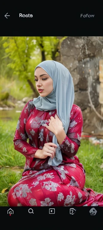 Wet women wearing hijab wet clothes, big breast wet soaking clothes