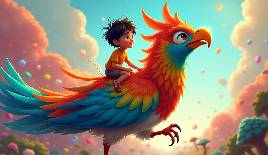 Babu and the Bird: Babu and the colorful bird looking at each other, with Babu riding on the bird's back.