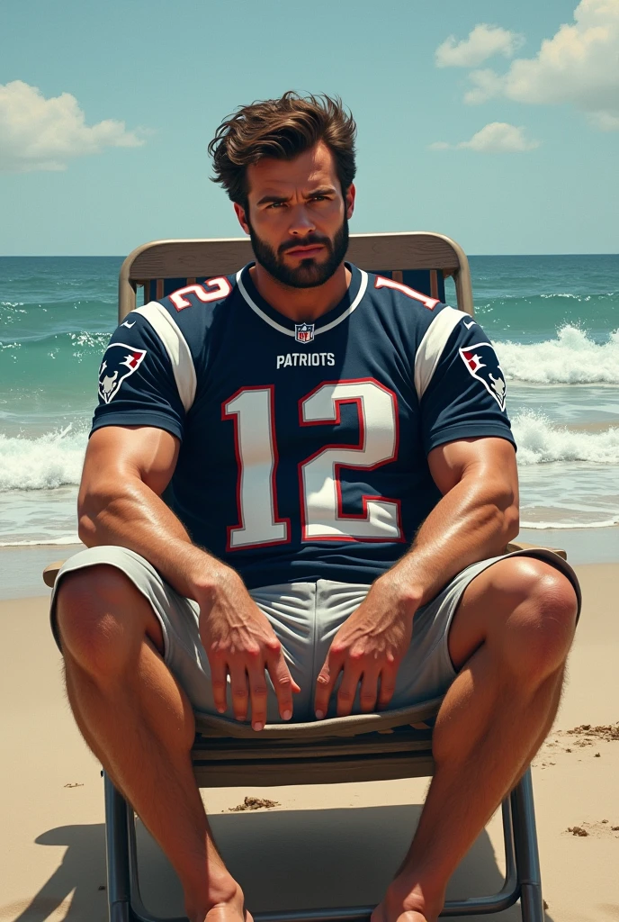 Profile picture of a young Logan Wolverine, ON THE BEACH IN A CHAIR SITTING, in a New England Patriots jersey suit #12