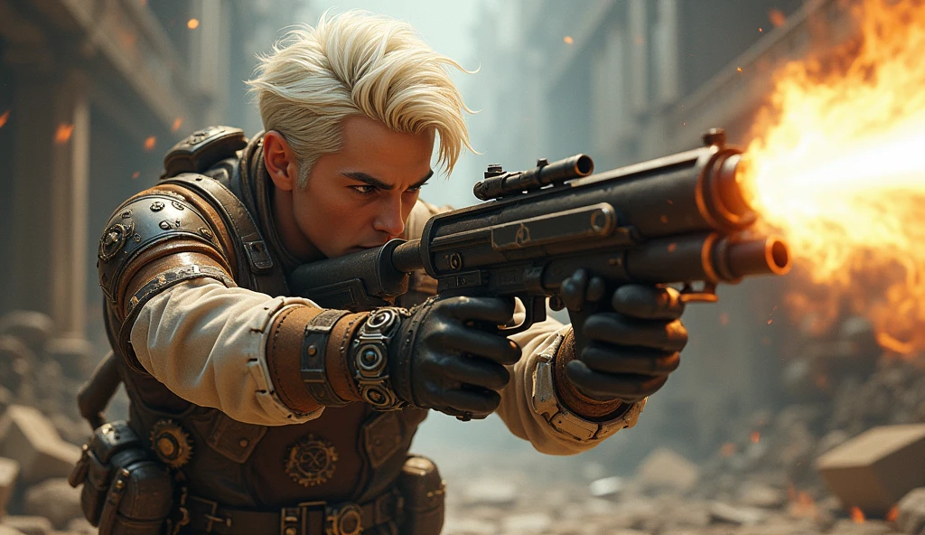 a young man with platinum hair, with a steampunk cowboy hat on his head, wearing a steampunk outfit, firing frantically with a large laser gun in his hands