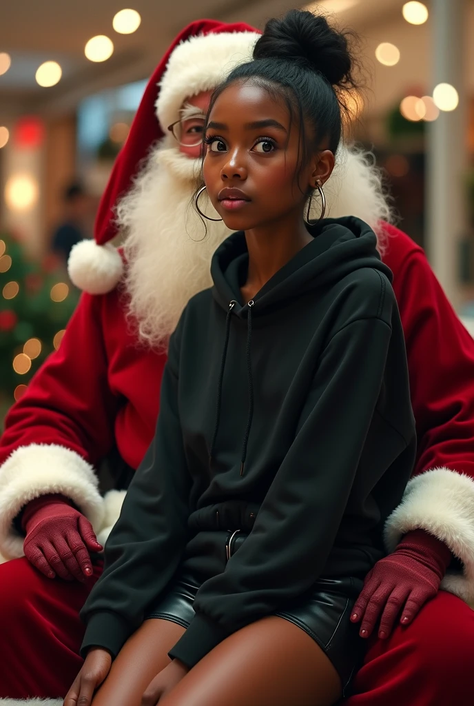 black woman hair in a bun black hoodie black leather short shorts excited look on her face with eyes really big and wide open setting on santa claus lap at the mall side shot