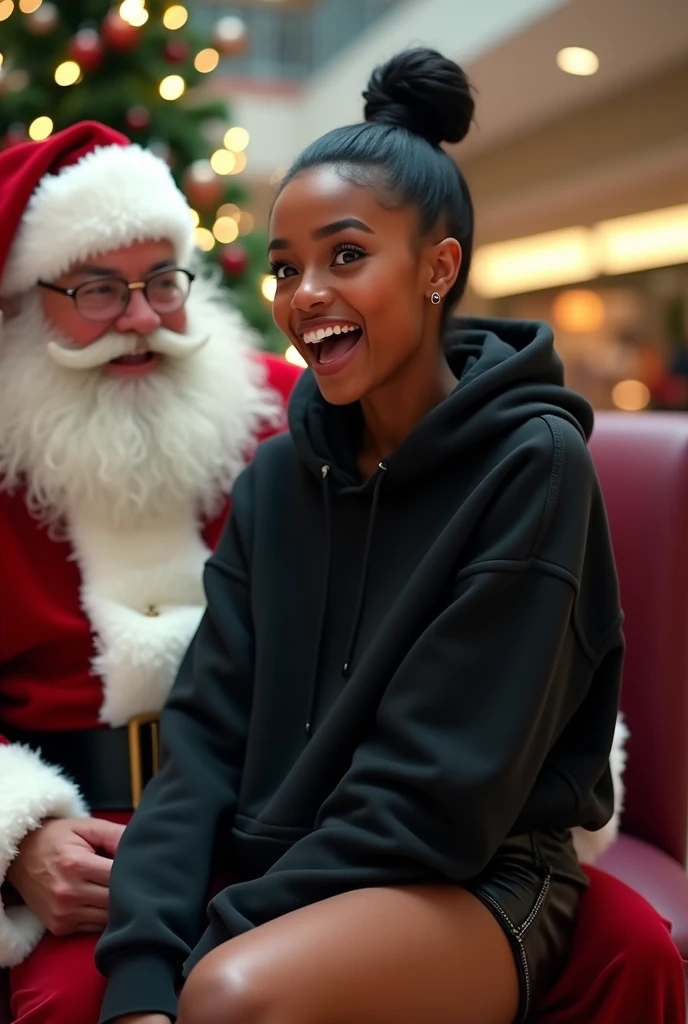 black woman hair in a bun black hoodie black leather short shorts excited look on her face with eyes really big and wide open setting on santa claus lap at the mall side shot 
