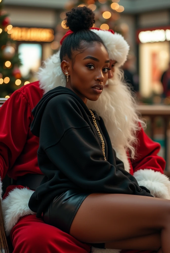 black woman hair in a bun black hoodie black leather short shorts excited look on her face with eyes really big and wide open setting on santa claus lap at the mall side shot
