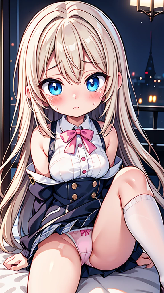 European woman in her late 20s、Anime style illustrations。Short and young々New Appearance、Fair skin。Short and young々New Appearance、Long bright golden white hair、Big Blue Eyes。Delicate and slender figure。She is wearing an elegant dress like a fairy。Cute expressions and gestures。The background is a forest at night。The overall atmosphere is delicate and dreamy。High quality digital art。 Photorealism、Highest quality、Ultra-high resolution、Woman in uniform sitting on bed、Low angle shot:1.5、(M-shaped foot:1.4)、((Showing panties:1.5))、A sexy look for the camera、((pink silk panties))、((Panties close up:1.4))、Tartan Check Pleated Skirt、Over the knee socks、Cute and beautiful face down to the smallest detail、(PurerosFace_v1:0.008)、eyeliner、cheek、Embarrassing、Glare、Glossy Lips:1.4、impatience、scared、Glare、Panty Appeal、Panty close-up:1.3、blush、Are crying、cry、Open your knees、Spread your legs、Disheveled clothes、Change of clothes、Medium Long Hair、Bedroom、Anatomically accurate human body、Perfect Arms、Perfect hands、Perfect Fingers、Perfect Legs、Accurate human body