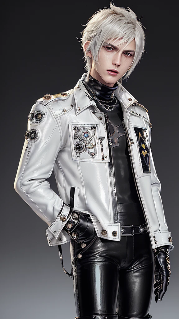 ((Final fantasy taste and reality graphics)), ((Japanese young cute and cool ikemen boy)), his age is early 20s, thin eyebrows and beady eyes, ((((he wearing white color and shining brightly enamel leather thick single-brest jacket)))), ((with epaulet)), ((enamel leather jacket close all zippers)),, ,(( jacket collar is high length stand-up collar with belts)), jacket is a little black line pattern,close the front of the jacket, (((also wearing black color turtleneck shining brightly enamel leather shirts))), (((tight black and shining brightly enamel leather pants))), ((((shining brightly black enamel leather tight and thin glove)))), ((black color and shining brightly leather knee-high raceup boots)),head-to-toe, whole body, boy looks like fashion model,Do not show skin from the neck down,(((all his clothes are smooth design and very shining)))