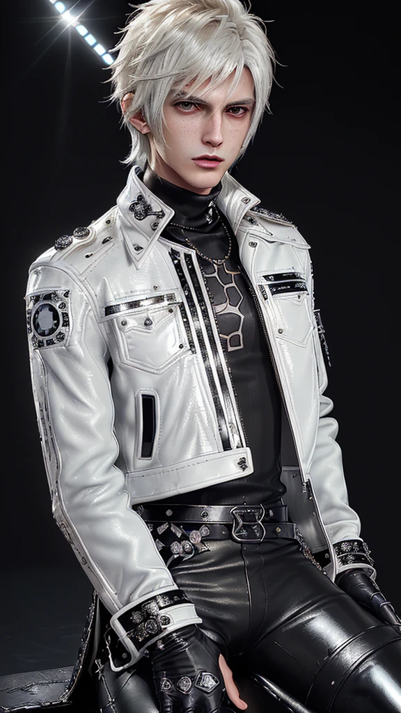 ((Final fantasy taste and reality graphics)), ((Japanese young cute and cool ikemen boy)), his age is early 20s, thin eyebrows and beady eyes, ((((he wearing white color and shining brightly enamel leather thick single-brest jacket)))), ((with epaulet)), ((enamel leather jacket close all zippers)),, ,(( jacket collar is high length stand-up collar with belts)), jacket is a little black line pattern,close the front of the jacket, (((also wearing black color turtleneck shining brightly enamel leather shirts))), (((tight black and shining brightly enamel leather pants))), ((((shining brightly black enamel leather tight and thin glove)))), ((black color and shining brightly leather knee-high raceup boots)),head-to-toe, whole body, boy looks like fashion model,Do not show skin from the neck down,(((all his clothes are smooth design and very shining)))