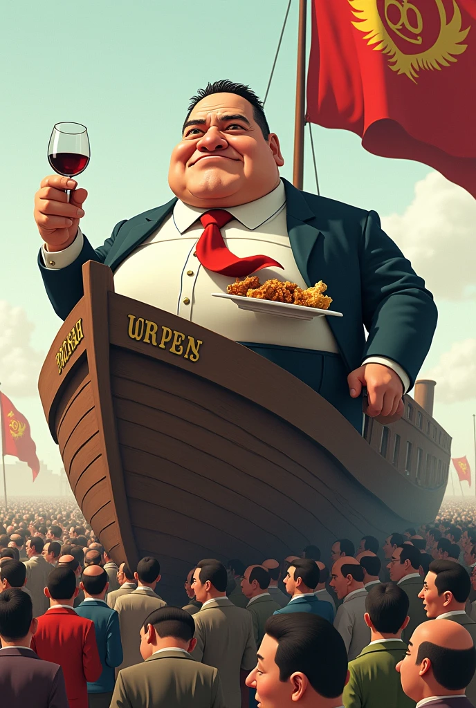 3d anime, a lot of people a hundred people, carrying a ship on his back, that has a fat politician on top, paunchy, with a crazy face, eating a chicken leg with a huge red PCdoB flag and drinking a glass of wine.
