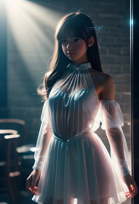 A magical girl appears from the light、Transformation effect、Thin, see-through clothing、Wide-angle shot, Sparkle Effect, Concept Art, reflected light, See-through clothing、