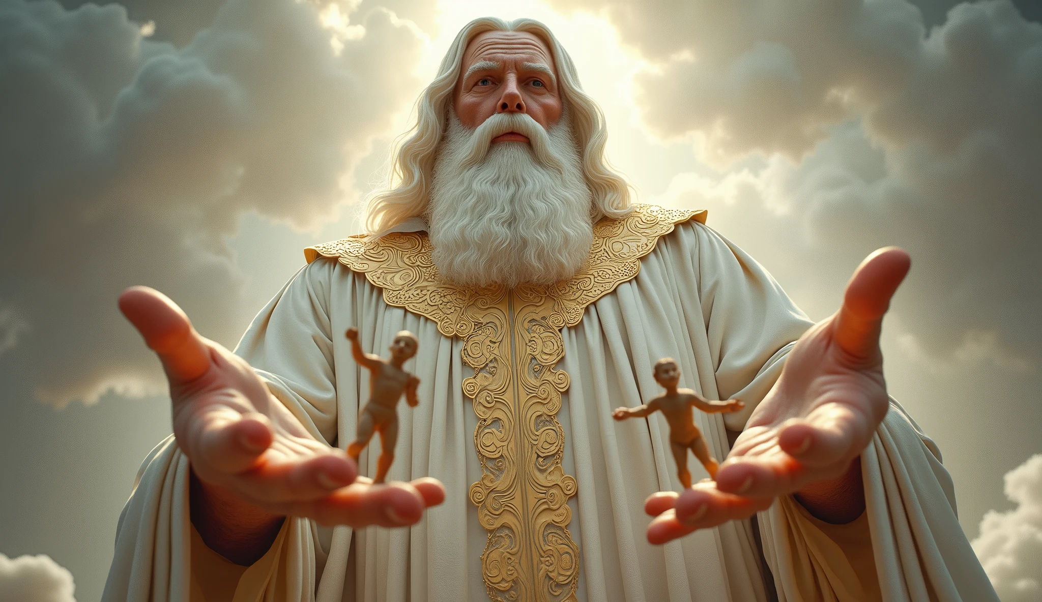 16k, 32k, UHD, masterpiece, best quality, upper body, God, who is super vast and gigantic, wearing white and shimmery gold robe, long white hair, white beard, holding a clay made 2 Adam in his hand. God is super Gigantic and Adam is as mall as God's little finger.