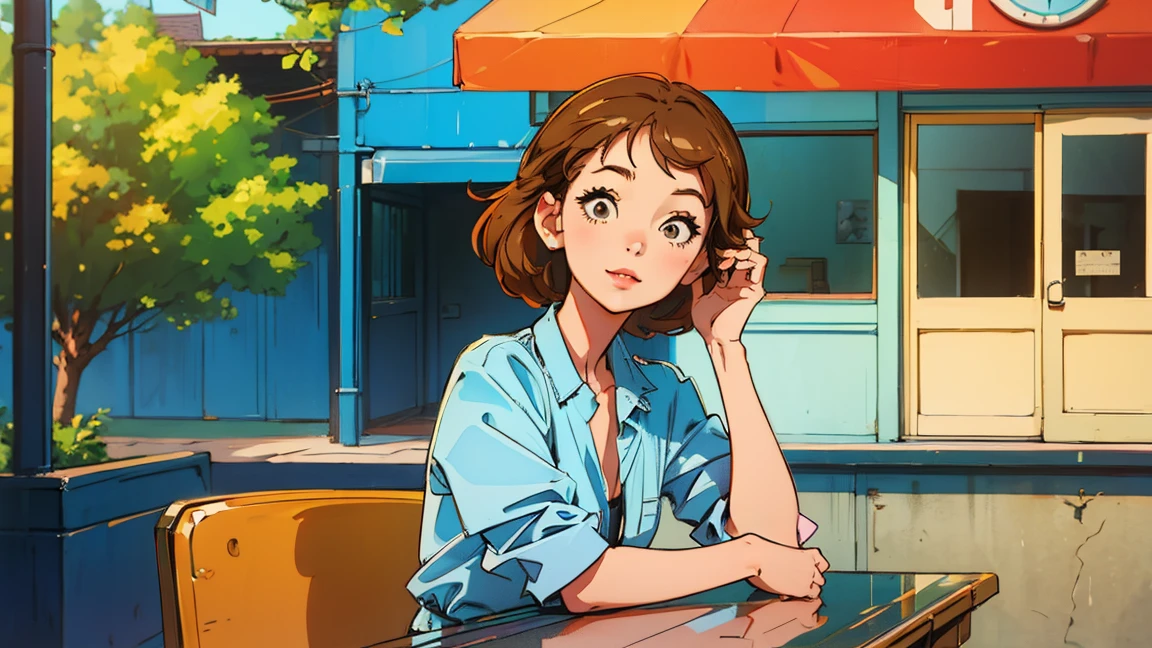 highest quality, masterpiece), 1 Girl, 1980s \(style\)Beautiful expression,Gentle smile,Gazing at the audience,\(style\)Upper Body,Horizontal position,pin up , \(style\)Brown Hair Color,\(style\), citypop, lofi,\(style\),1980s fashion,,casual,1980s fashion, citypop,retro,\(style\)autumn leaves,street tree,Cafe terrace seating,