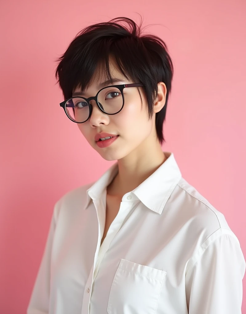 Realistic photos, 40 years witch of medium height, around 1.65 meters tall, with a fit and athletic build. In general, she wears eyeglasses white shirt classic style with a mix of practicality and eccentricity.
Her most distinctive feature is her hair, a complete dark brown color. She has an oval-shaped face with well-defined features: a small, upturned nose, full lips, and large dark brown eyes. Her skin is very clear, without noticeable imperfections. Tonks usually keeps her pixie haircut, reflecting her rebellious and carefree personality. In general, its appearance is youth age, dynamic and constantly changing. Pink background, sweet atmosphere