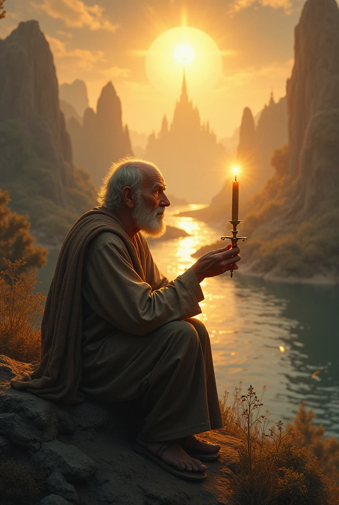 An elderly man, looking at a golden candlestick and a Heavenly city, The river of life , The sky.