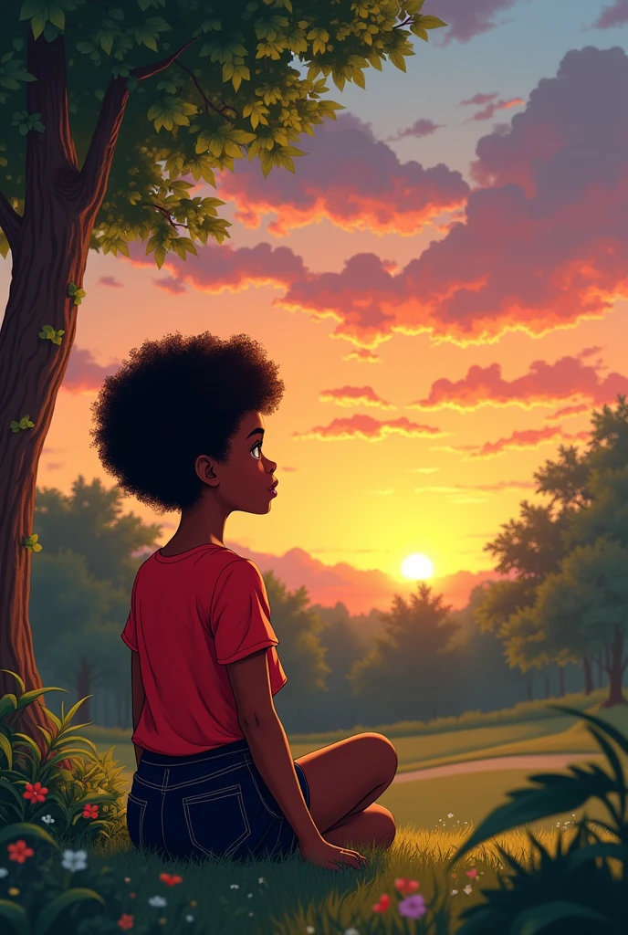 A dark skinned girl, short afro hair, Red blouse, Short, black skirt, Brown eyes, sitting in a park, looking at the sunset under the sunlight.