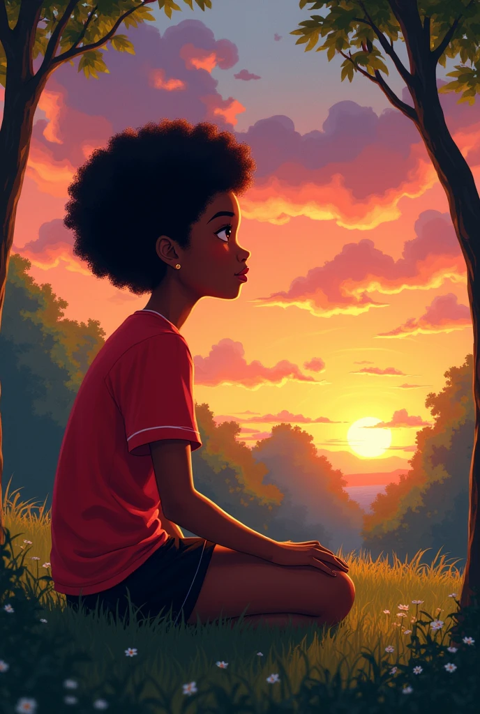 A dark skinned girl, short afro hair, Red blouse, Short, black skirt, Brown eyes, sitting in a park, looking at the sunset under the sunlight.