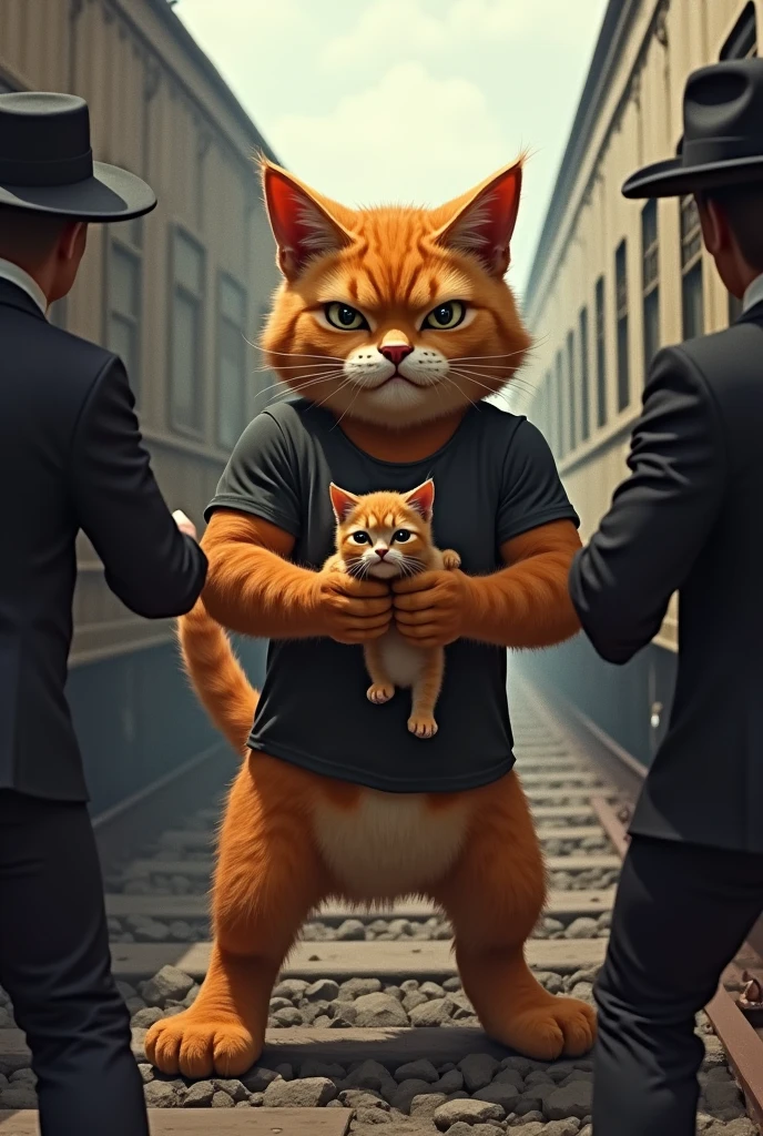 A muscular orange cat with human body in black t shirt with kitty in his hand in the train fighting with two train thieves in black suit and white shirt