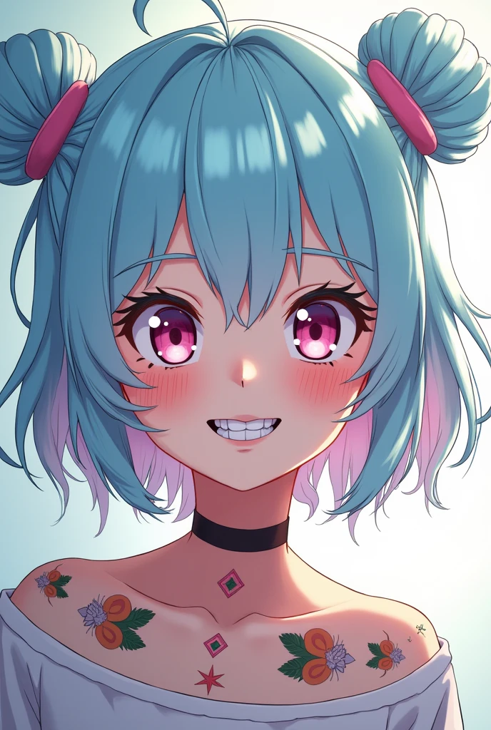Screenshot of my hero academia.
Teenage girl with mostly light blue hair with some shades of pastel pink, short bangs and two buns, bicolor eyes, some small tattoos on the face and octopus-themed tattoos on the neck and the teeth on the right side of his mouth are silver.