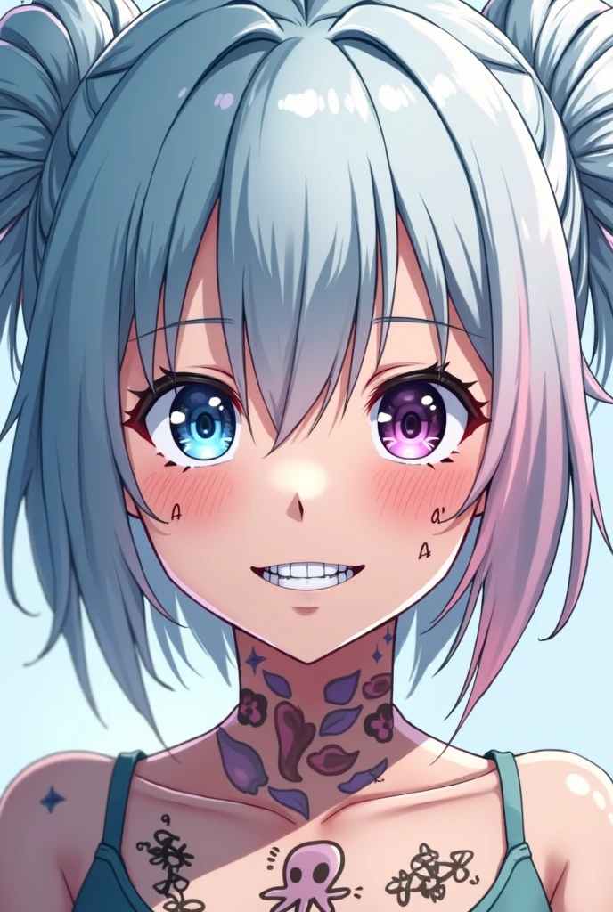 Screenshot of my hero academia.
Teenage girl with mostly light blue hair with some shades of pastel pink, short bangs and two buns, bicolor eyes, some small tattoos on the face and octopus-themed tattoos on the neck and the teeth on the right side of his mouth are silver.