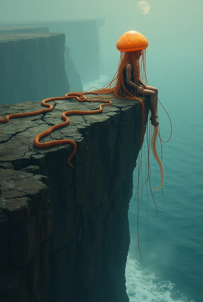 Sad jellyfish, on top of a cliff talking to snakes