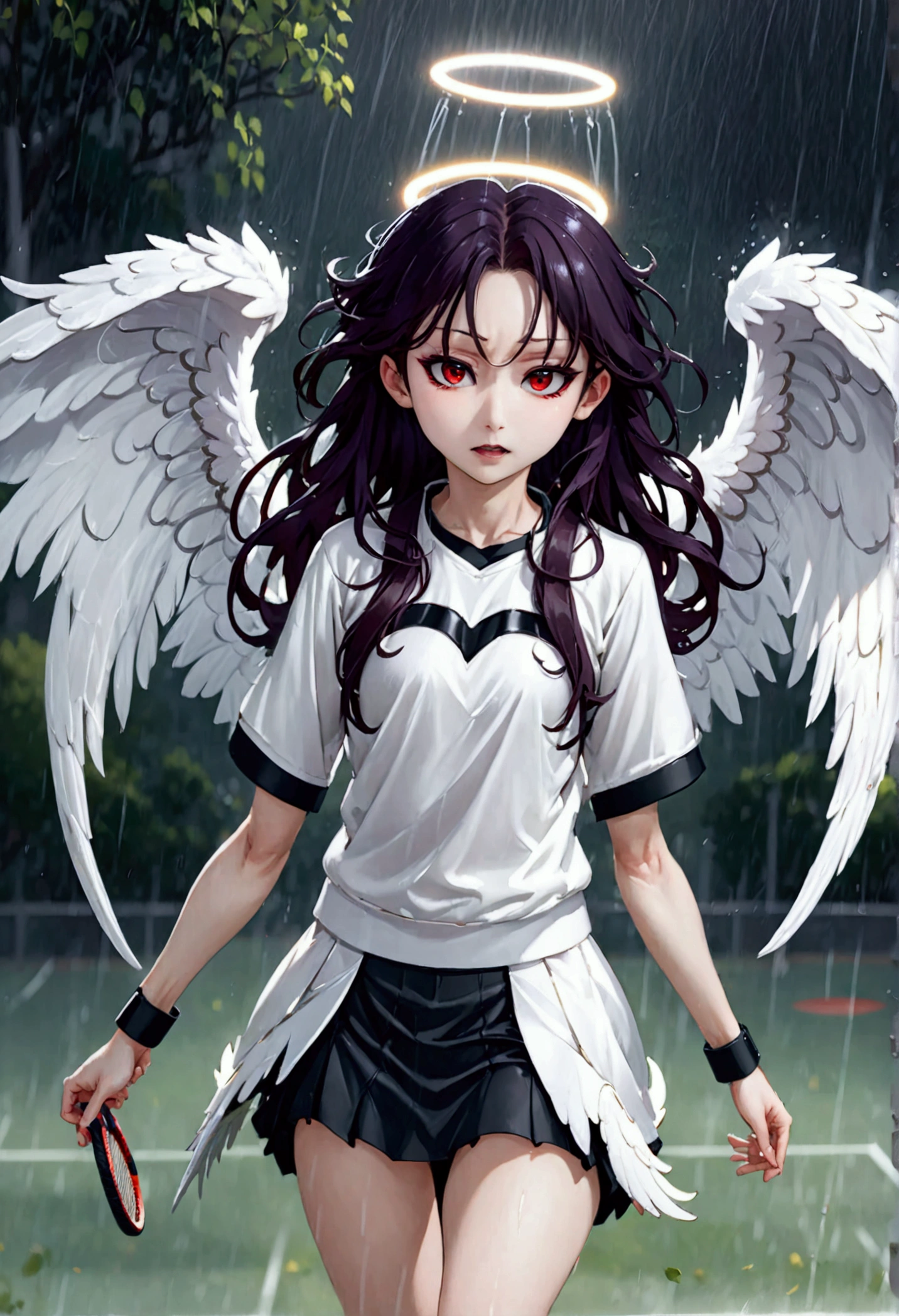 8k, Highest quality, Manga style, View your viewers, Intricate details,One person, Nakiri Ayame, (Six alternating white angel wings and black devil wings:1.5), 2Demon horns in the book, Multicolored Hair, Long Hair, Red eyes, Gray Hair, Tennis Wear, tennis racket, The moment the tennis ball is hit back, Sweating, Full body portrait, Being hit by rain, Soaking wet
