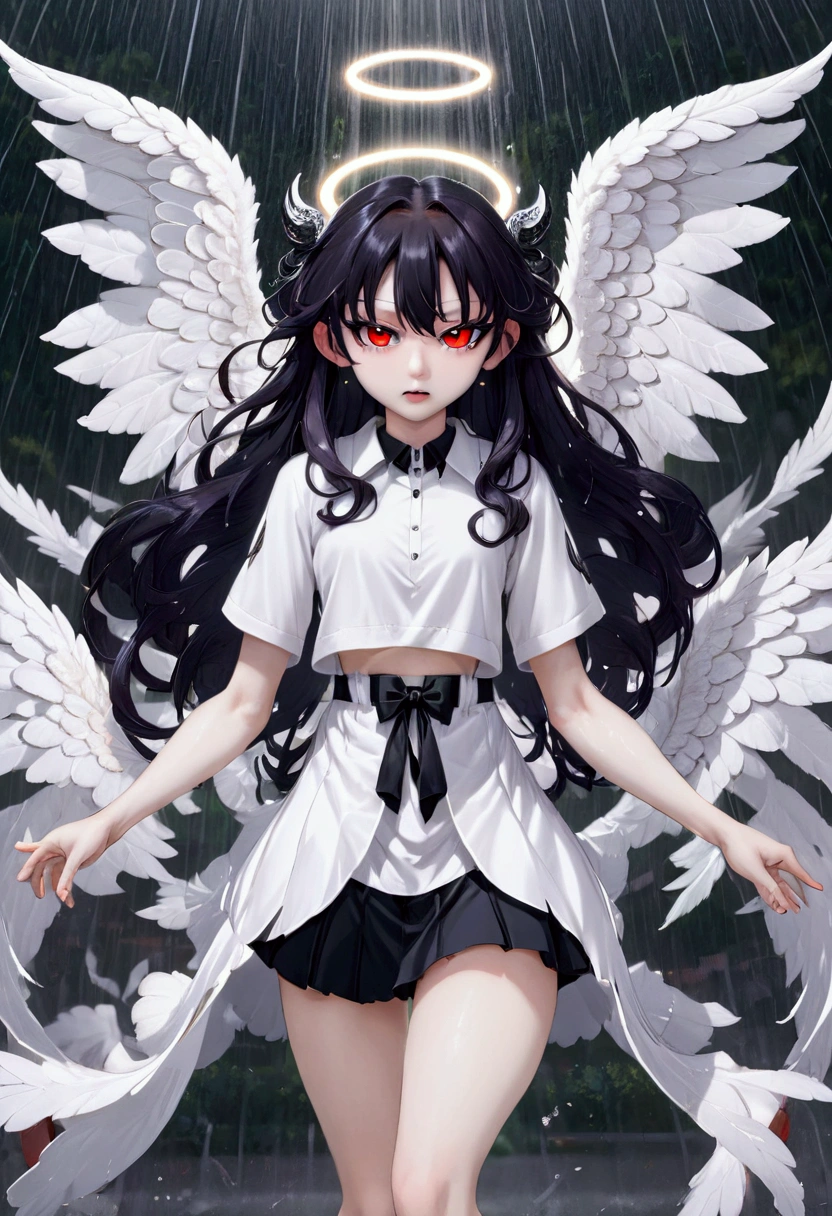 8k, Highest quality, Manga style, View your viewers, Intricate details,One person, Nakiri Ayame, (Six alternating white angel wings and black devil wings:1.5), ２Demon horns in the book, Multicolored Hair, Long Hair, Red eyes, Gray Hair, Tennis Wear, tennis racket, The moment the tennis ball is hit back, Sweating, Full body portrait, Being hit by rain, Soaking wet