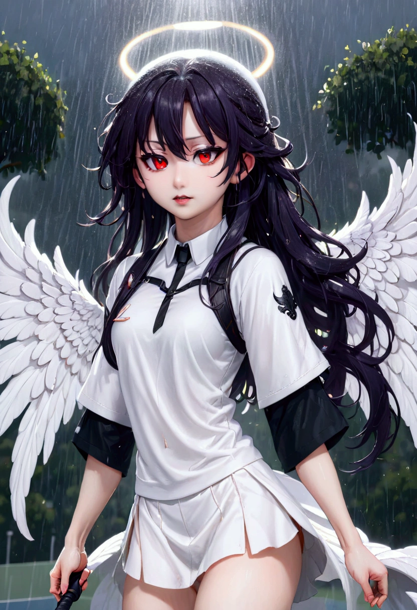 8k, Highest quality, Manga style, View your viewers, Intricate details,One person, Nakiri Ayame, (Six alternating white angel wings and black devil wings:1.5), ２Demon horns in the book, Multicolored Hair, Long Hair, Red eyes, Gray Hair, Tennis Wear, tennis racket, The moment the tennis ball is hit back, Sweating, Full body portrait, Being hit by rain, Soaking wet