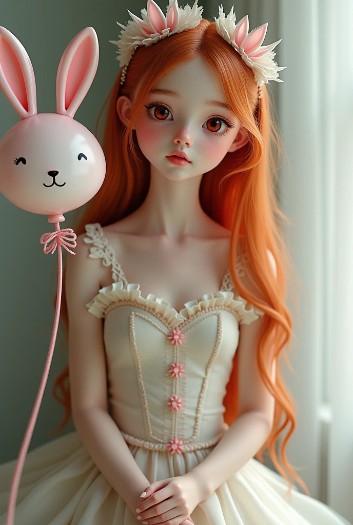 drawing, until, masterpiece, Thin woman canvas, young girl in princess dress, with crinoline and tulle Features Redhead, Red eyes, Porcelain skin, Long hair, fine rostrum.
Holding a bunny balloon