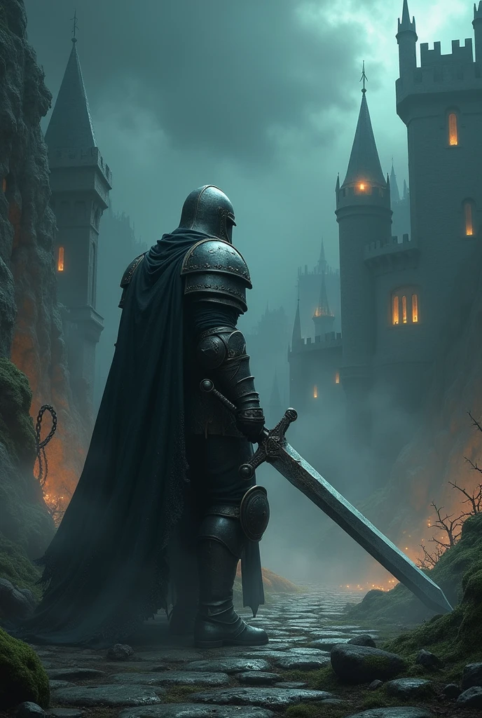 An atmospheric scene capturing the essence of a challenging action RPG video game. Show an armored knight wielding a massive sword, standing against an eerie backdrop of a crumbling castle under a dark, ominous sky. The knight's armor is tarnished and weathered, symbolizing countless battles. Ethereal flickering lights hover around, adding to the otherworldliness. Add further details like broken chains, flagstones overgrown with moss, and glowing ruins to enhance the ambiance. Please note, this is an original depiction, not referencing any specific game or character.