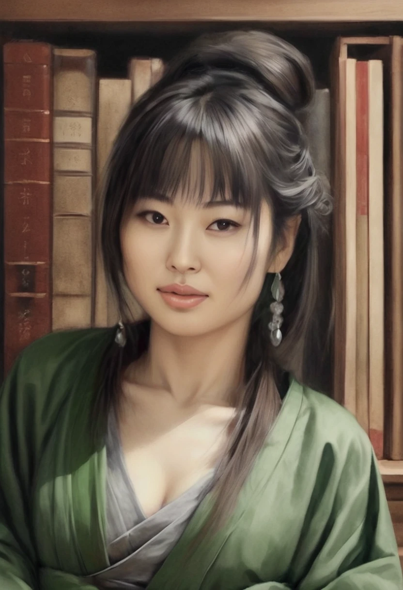 drawing of a Japanese woman, Full Body, Standing, , Holding a book, FULL Body, sexy , Inside Enchanted Magical Library, Its shelves are adorned with MULTI COLORED books, realistic sketch, hyperrealistic sketch, detailed pencil sketch, pencil sketch, realistic digital drawing, detailed sketch drawing, highly detailed portrait, detailed 4 k drawing, pencil draw, highly detailed sketch, realistic drawing, extremely detailed portrait, detailed but rough, pencil drawing illustration, realism drawing, detailed sketch, sketch art,((high quality, masterpiece:1.4)), 1girl, ((Full Body)), portrait sketch, messy drawing, messy charcoal spots, unfinished sketch, sketchbook charcoal style drawing of a woman, sketchbook drawing, sketchbook, beautiful hair, beautiful face, symmetrical face, symmetrical eyes, realistic charcoal lines, imperfect drawing, charcoal crumbs, charcoal lines, imperfections, green eyed, woman wearing an enigmatic cloak, realistic