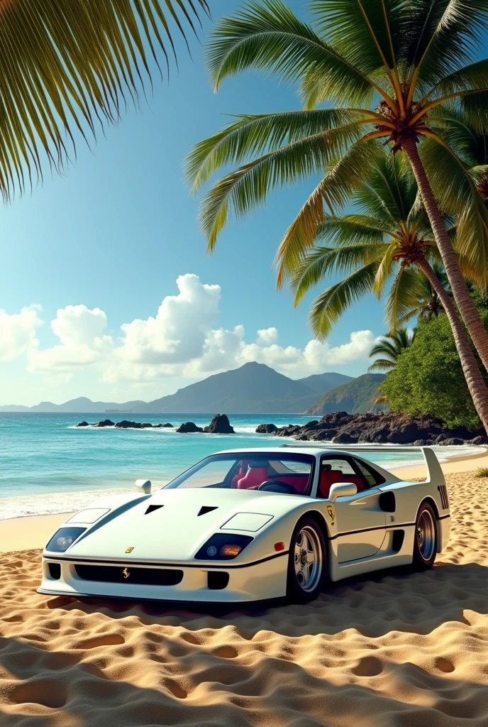 A white Ferrari F40, on a beach in Hawaii