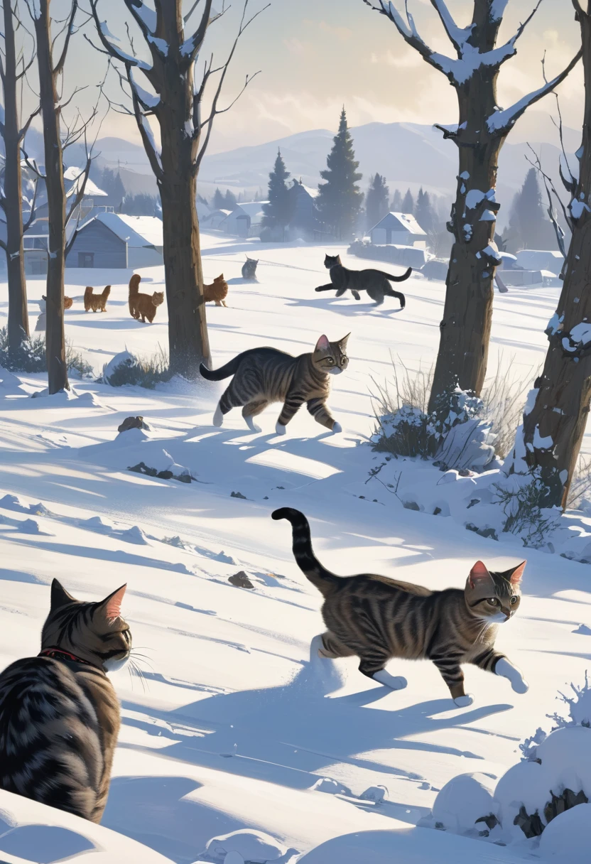 Cats at war in winter landscape