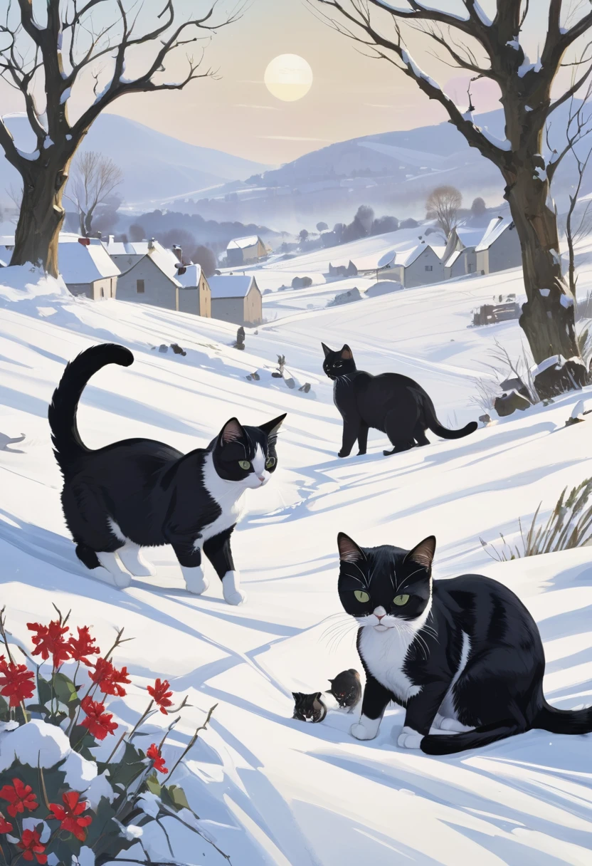 Cats at war in winter landscape